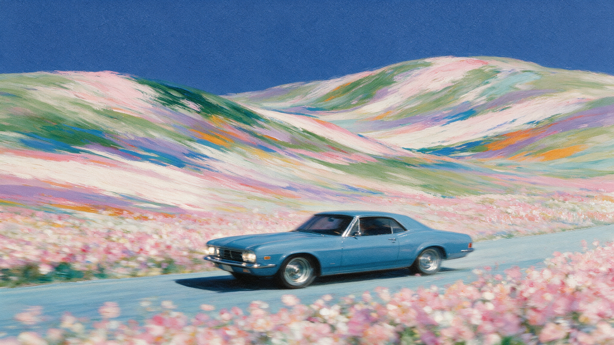 Painting: a blue car in a field of flowers