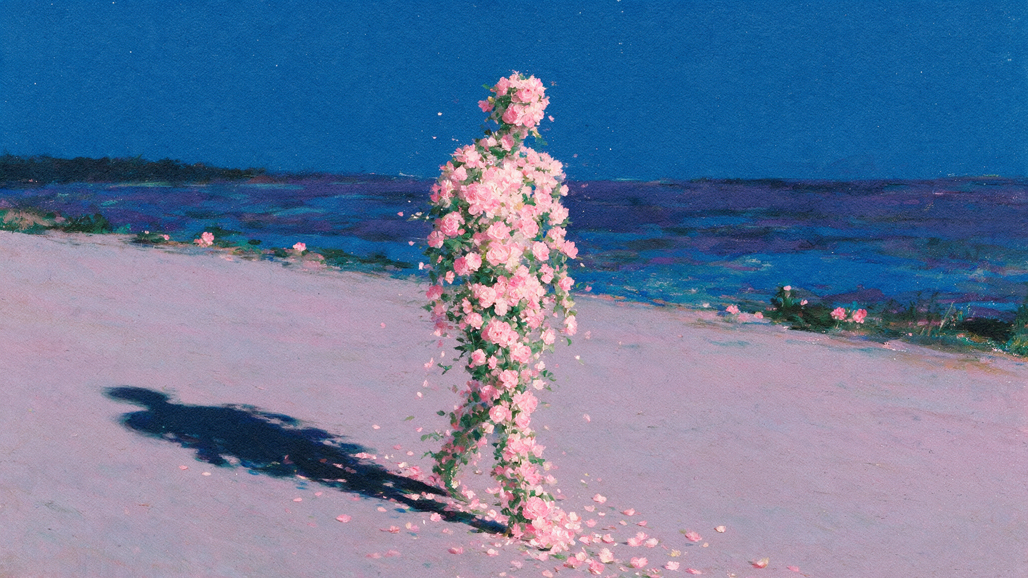 Painting: a figure among flowers